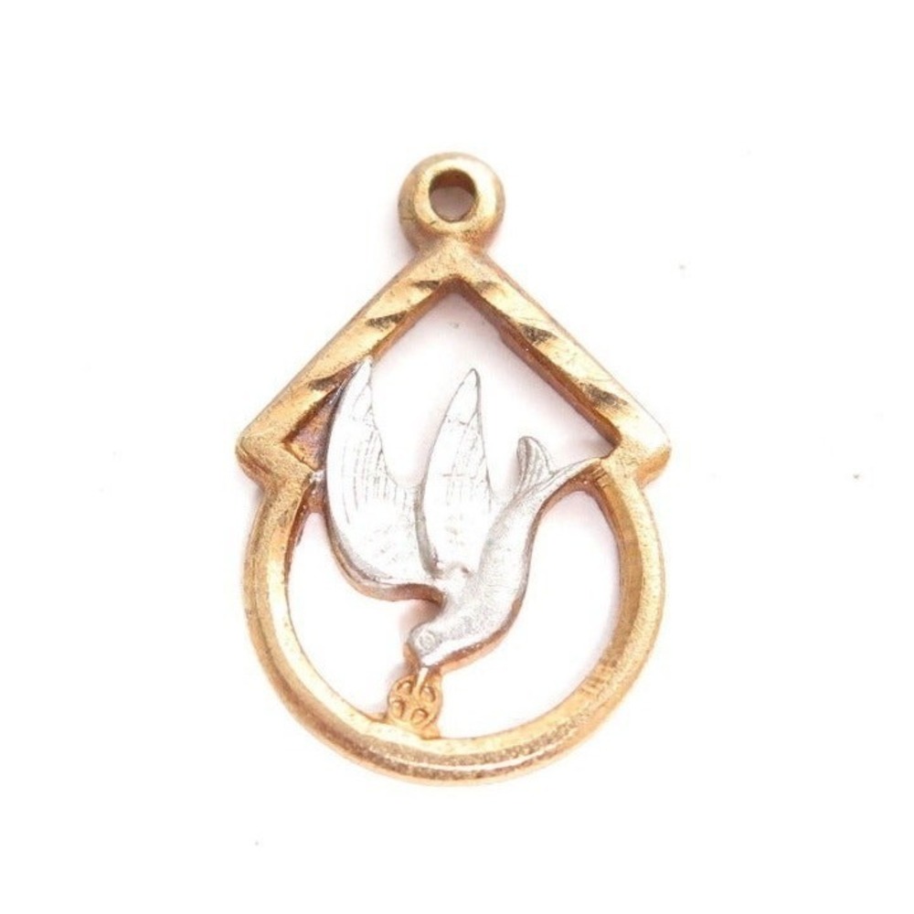 Vintage Gold & Silver Toned‎ Flying Dove with olive sprig charm or pendant